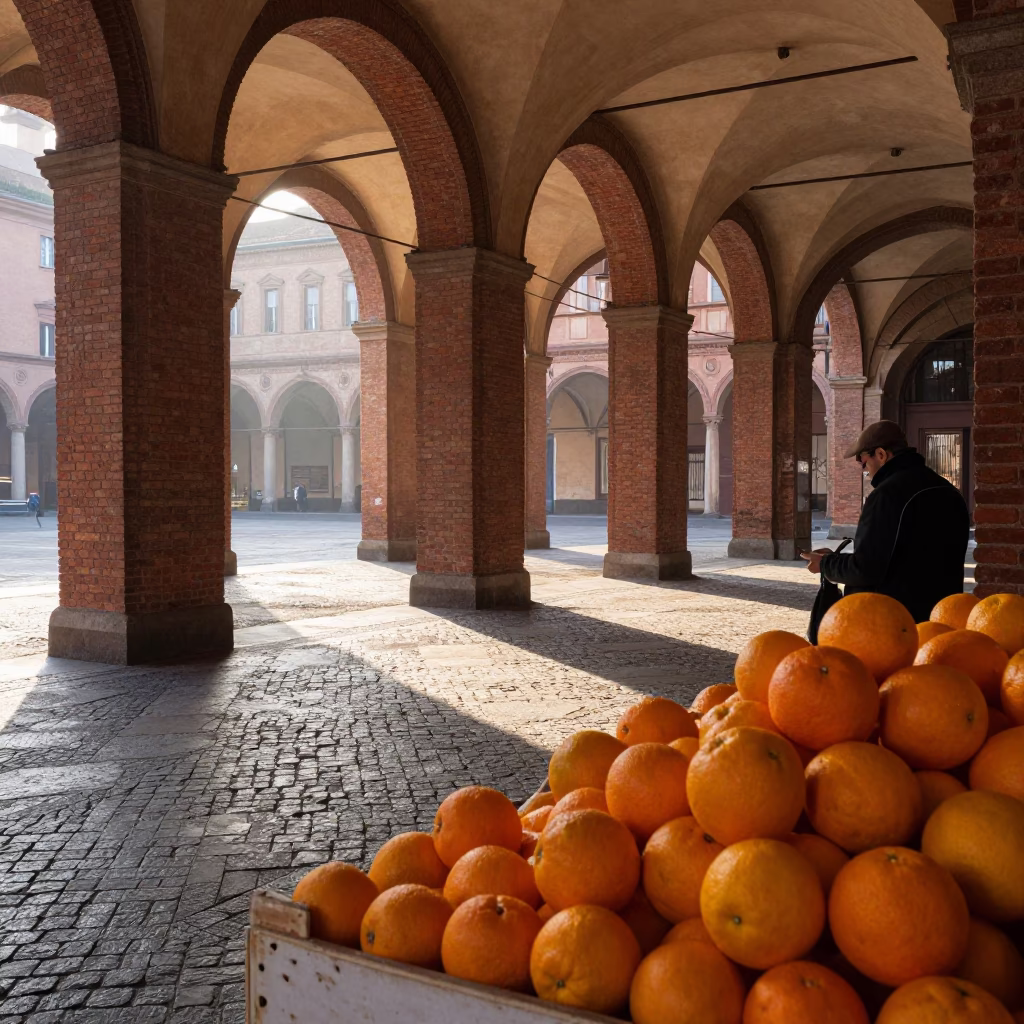 Morning Light on Bologna Porticoes with Fresh Oranges and Local Market Activity in in Bologna, Italy