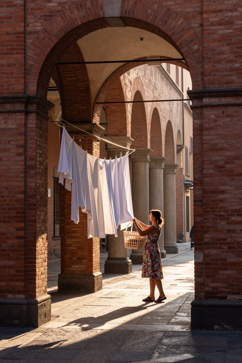 Morning light on Bologna porticoes with laundry and street life in in Bologna, Italy