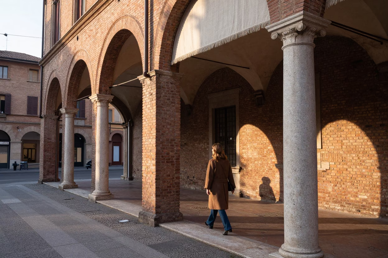 Morning Light on Bologna Porticoes with Linen Fringe Detail in in Bologna, Italy