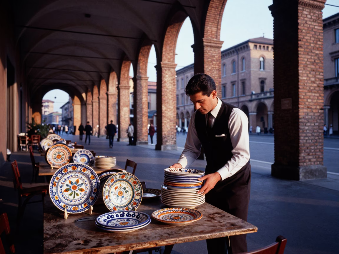 Morning light on Bologna porticoes with majolica plates at a street cafe in in Bologna, Italy