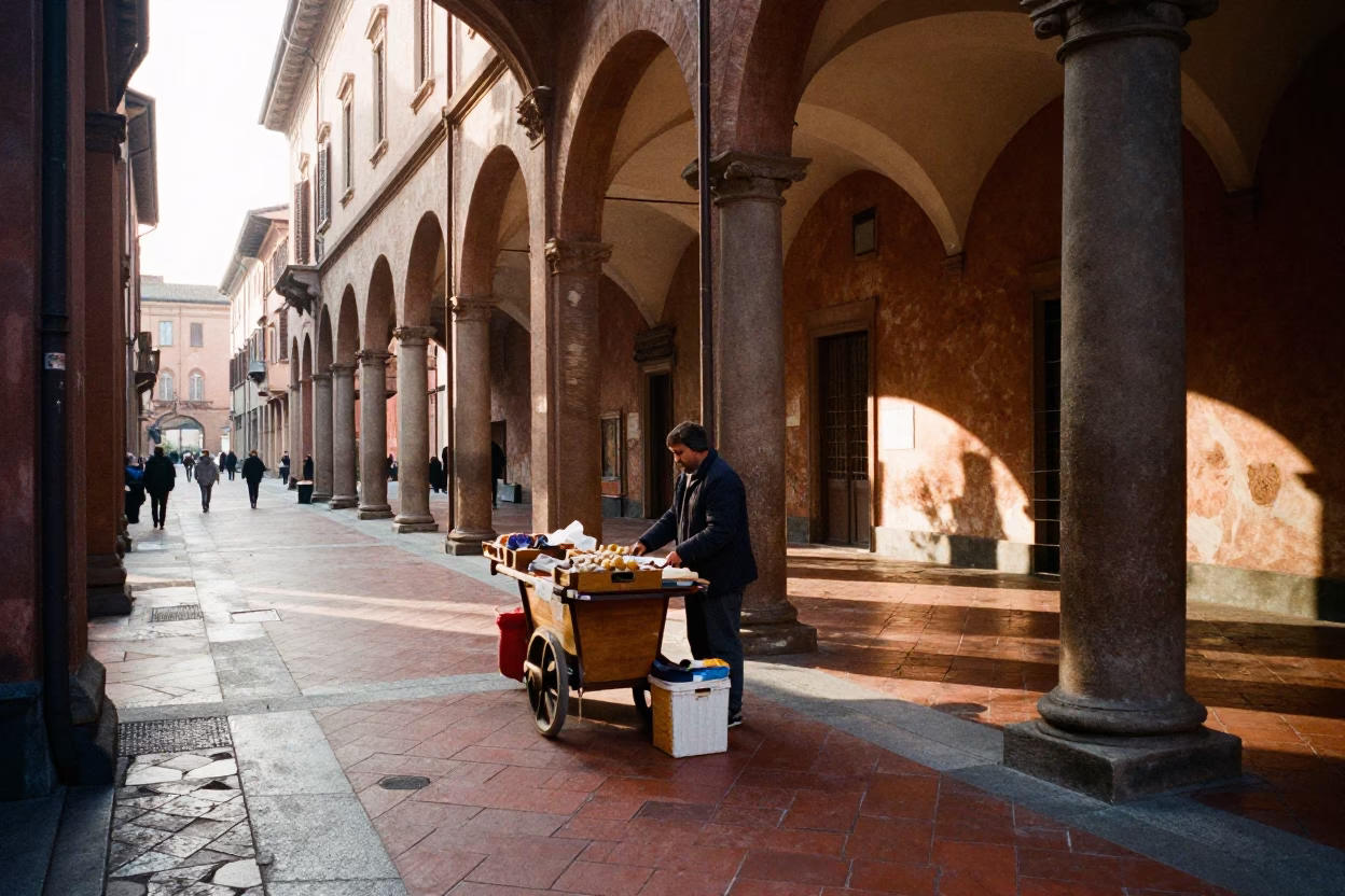 Morning light on Bologna porticoes with street vendor and boxwood hedge in in Bologna, Italy