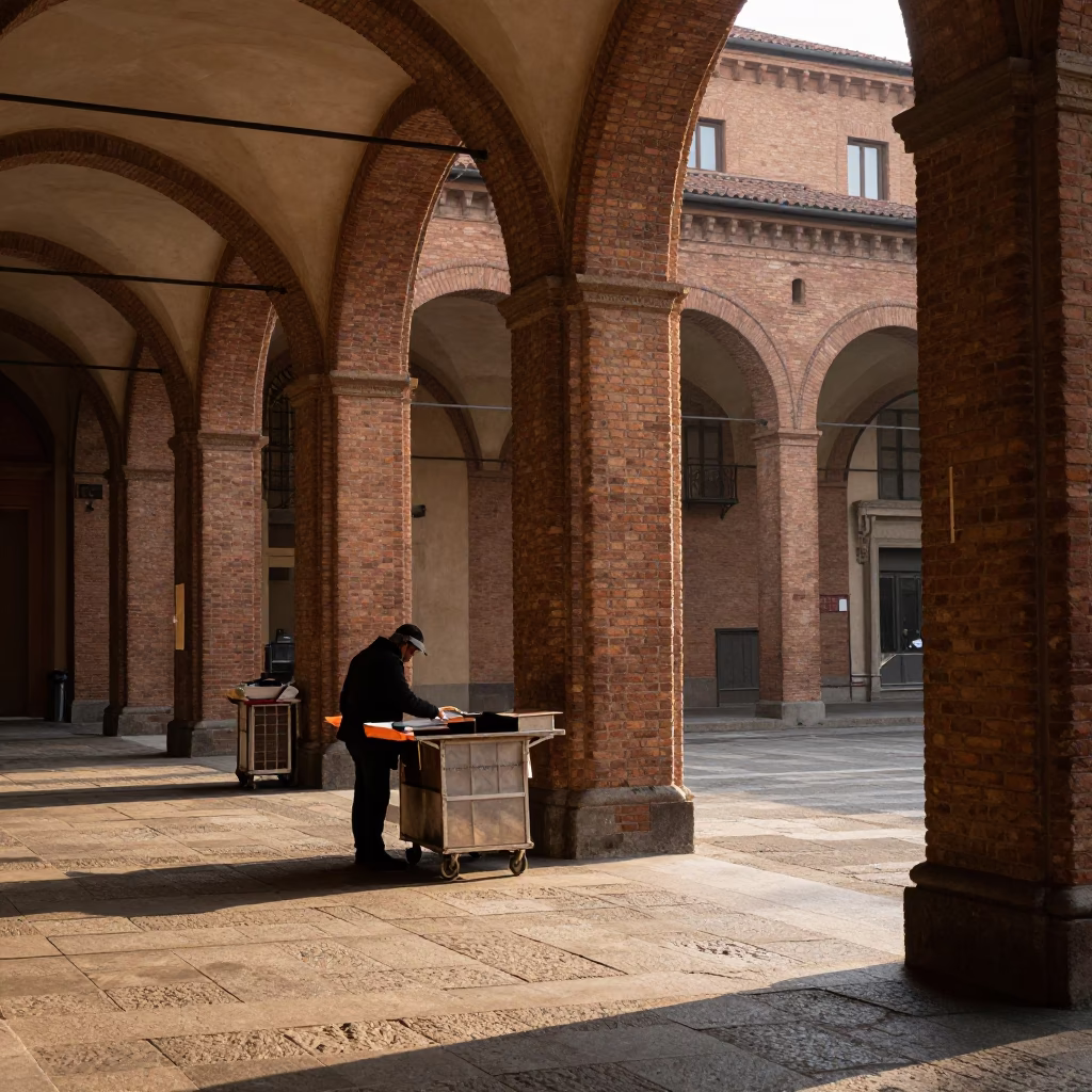 Morning light on Bologna porticoes with street vendor and brass details in in Bologna, Italy