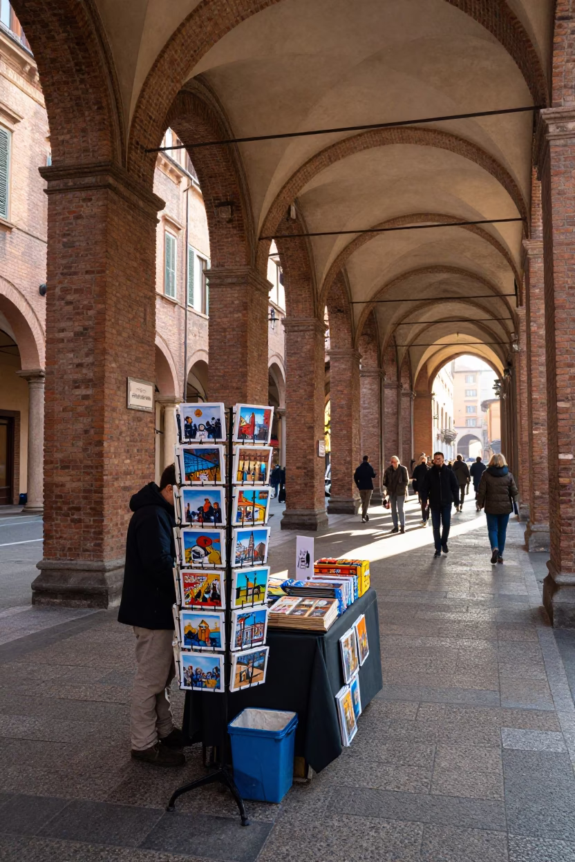 Morning light on Bologna porticoes with street vendors and postcards in in Bologna, Italy