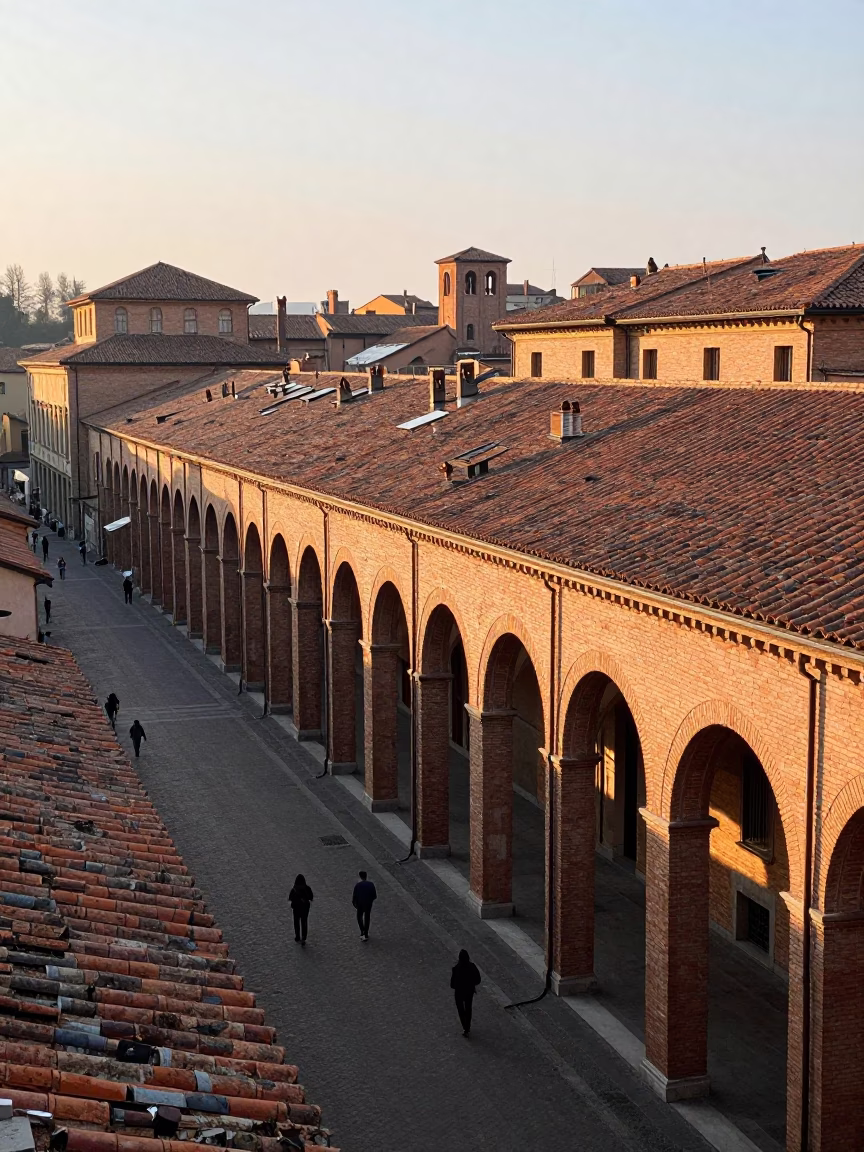 Morning Light on Bologna's Porticoes and Street Activity After Sunrise in in Bologna, Italy