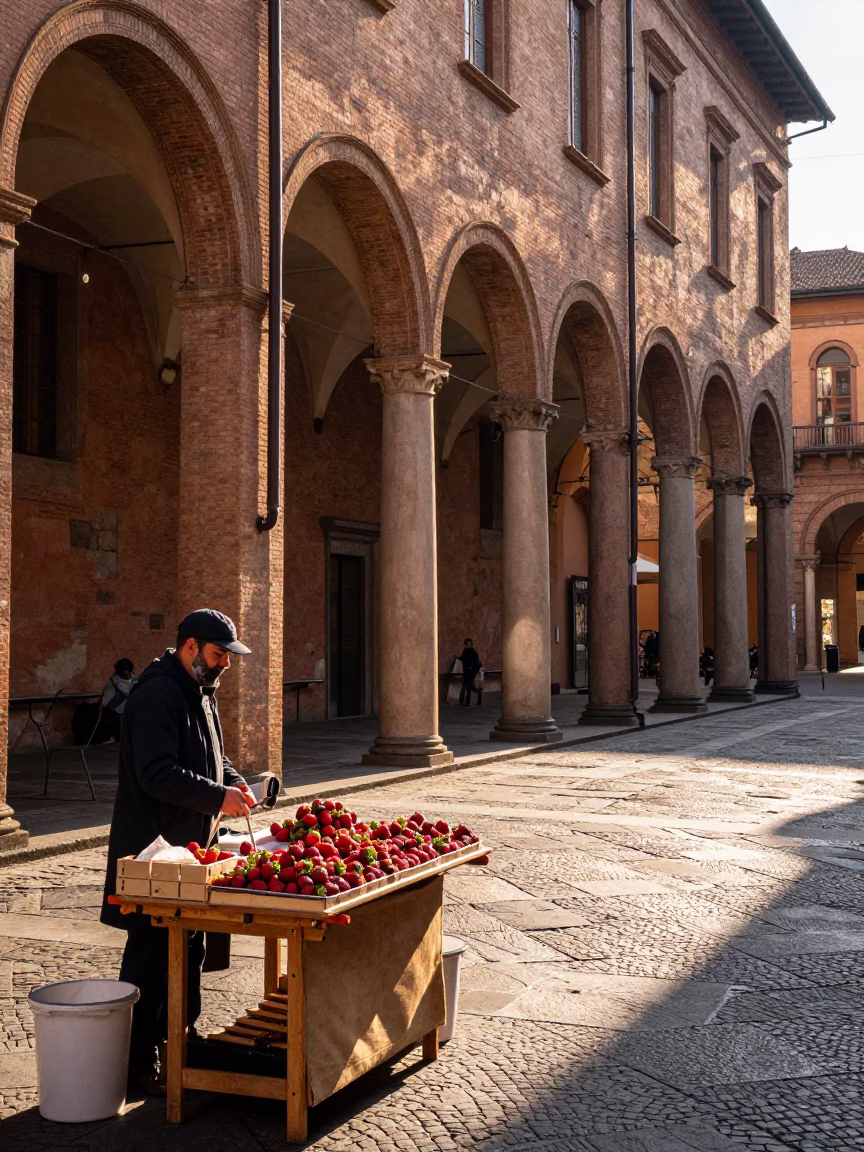 Morning Light on Bologna's Porticoes with Iron Hook and Prayer Plant in in Bologna, Italy