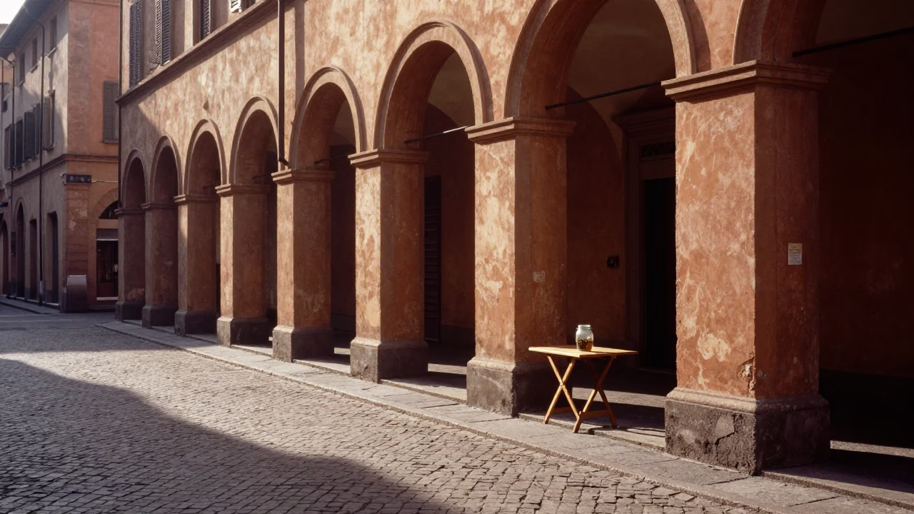 Morning Light on Bologna Street Corner with Glass Jar and Candlestick in in Bologna, Italy