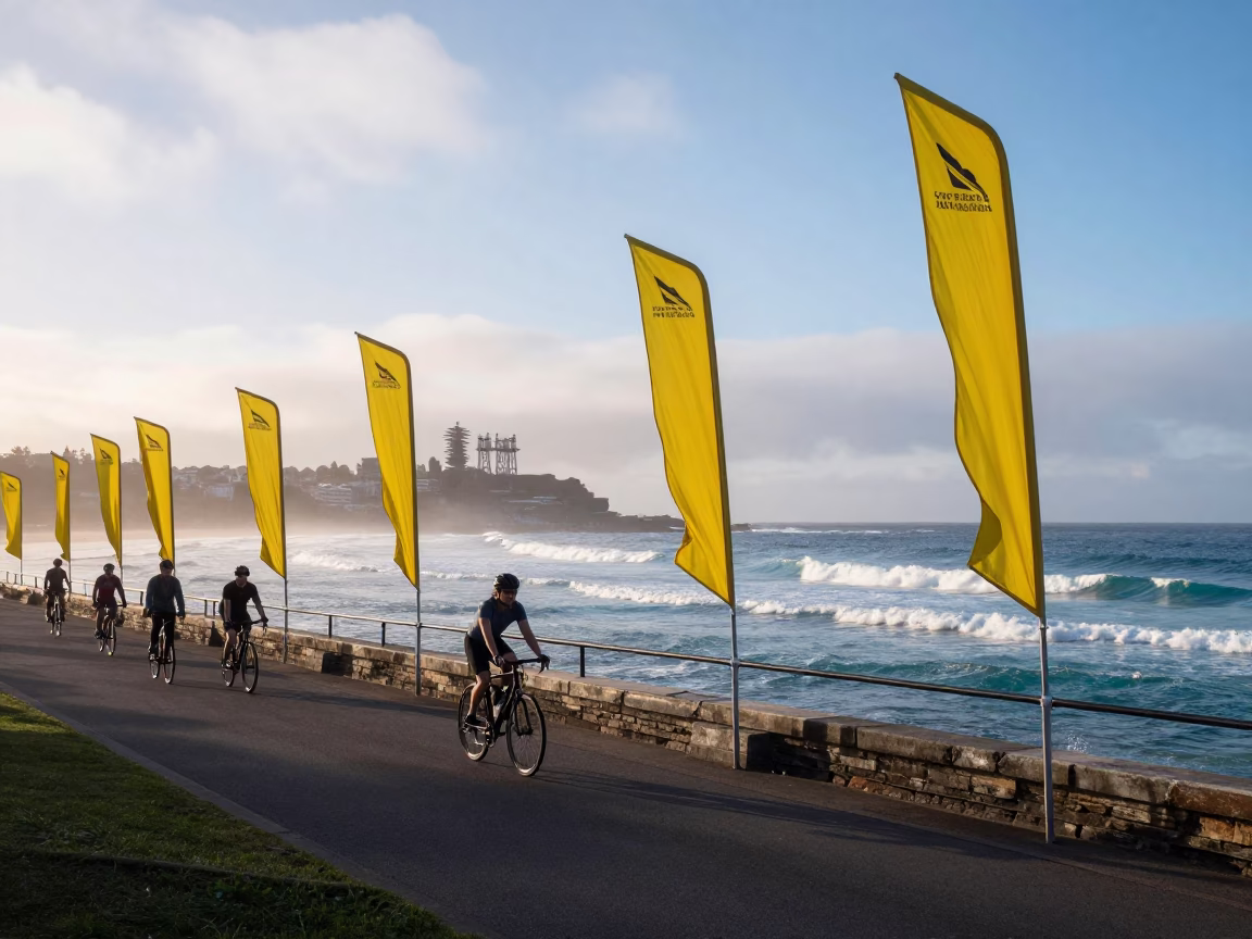 Morning Light on Bondi Beach Promenade with Cyclists and Ocean View in in Sydney, New South Wales, Australia