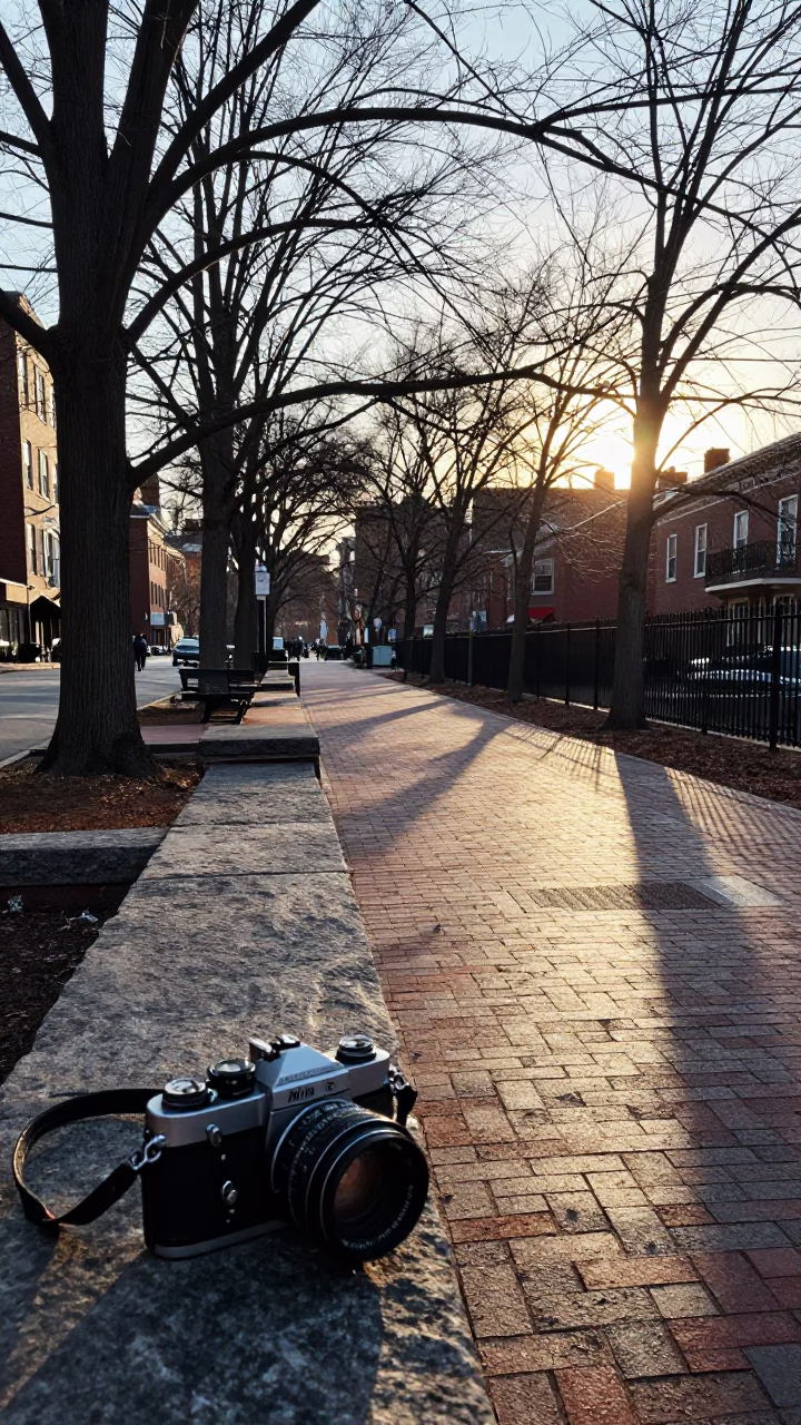 Morning Light on Boston Common Pathway with Vintage Camera and Coffee Cup in in Boston, Massachusetts, United States