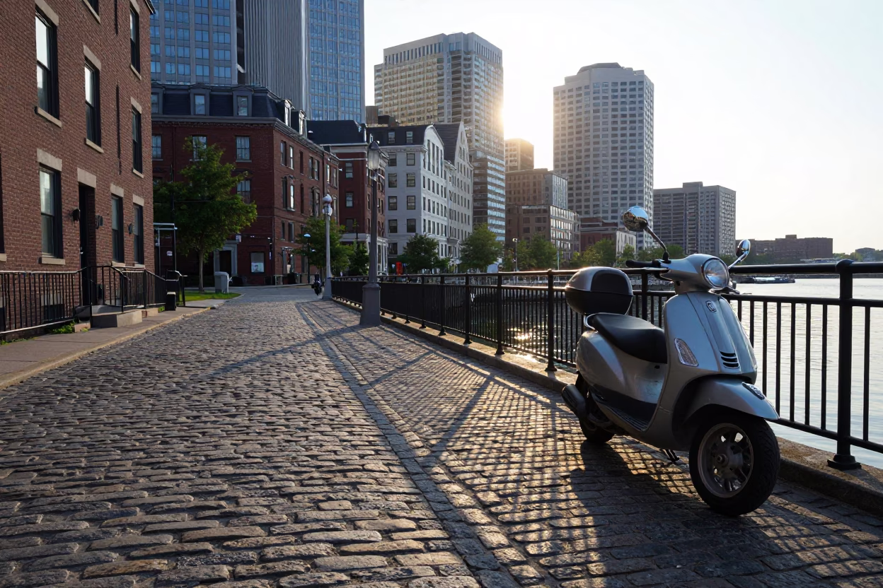Morning Light on Boston Harbor Promenade with Parked Scooter and City Skyline in in Boston, Massachusetts, United States
