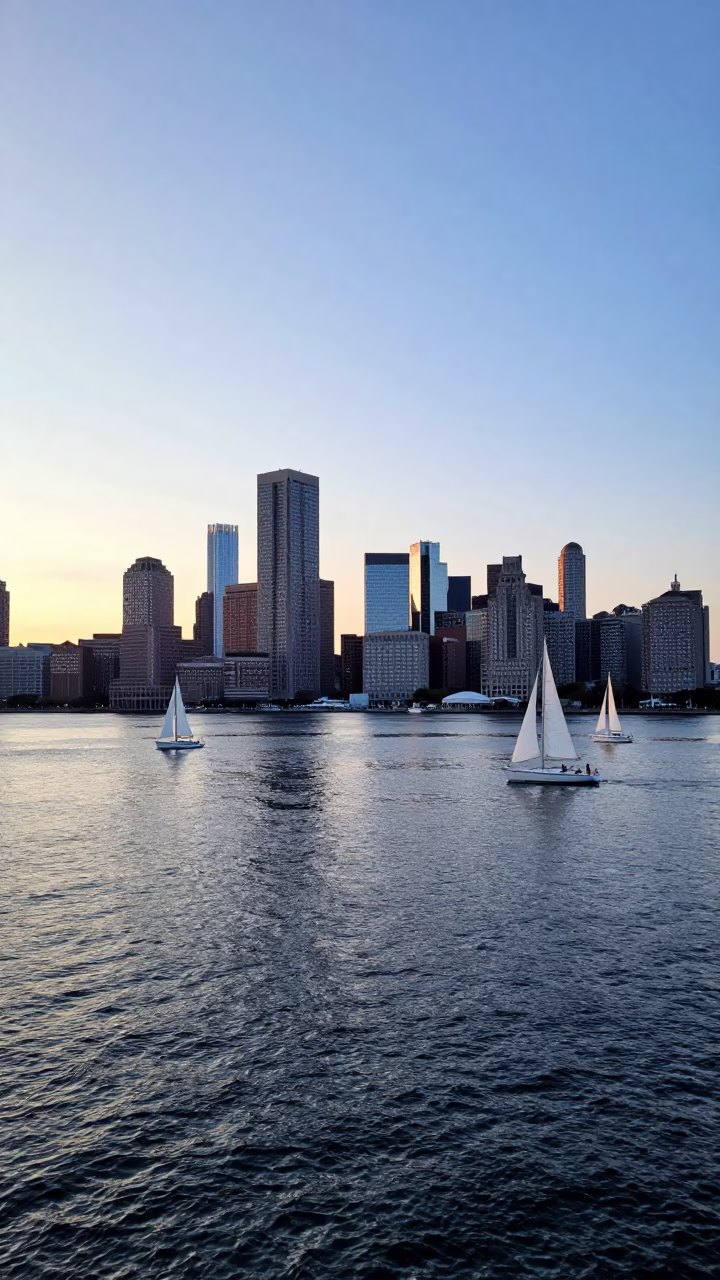 Morning Light on Boston Harbor Waterfront with Sailboats and Urban Skyline in in Boston, Massachusetts, United States