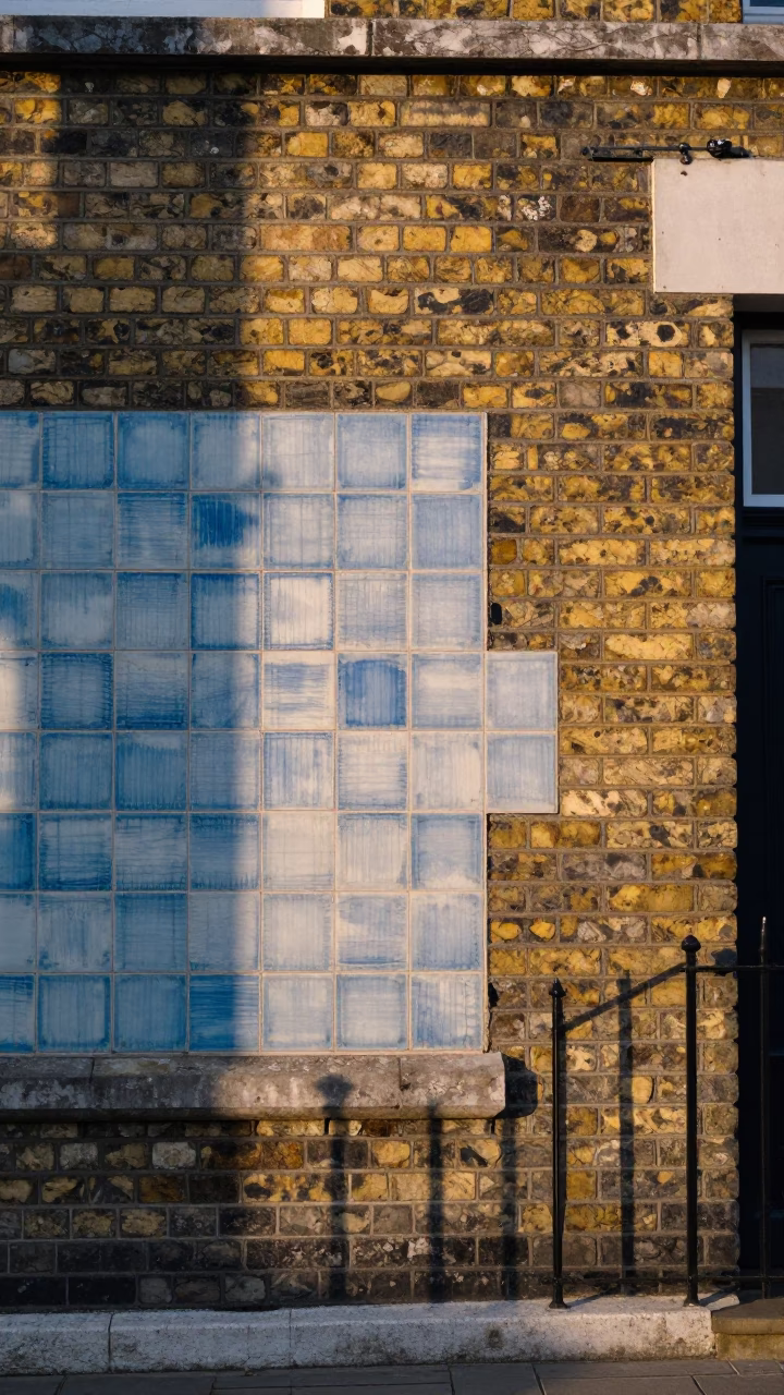 Morning Light on Brick Facade with Ceramic Tiles in London Street Scene in in London, United Kingdom