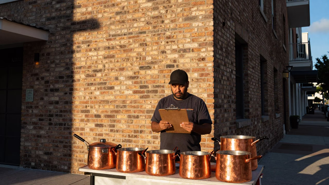 Morning Light on Brickell Avenue Street Vendor with Clipboard and Copper Pots in Miami in in Miami, Florida, United States