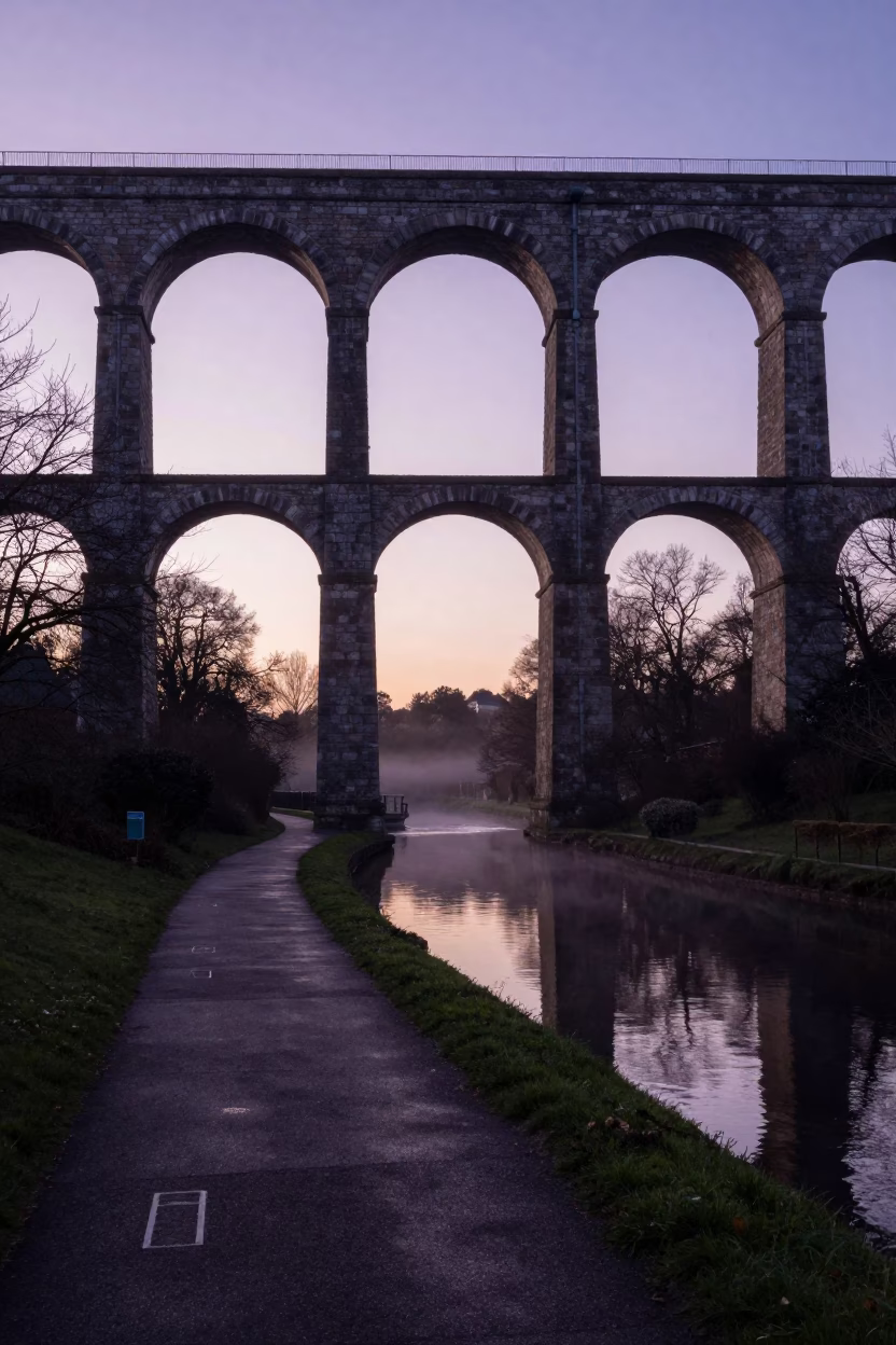 Morning light on Bristol aqueduct arches and canal path before sunrise in in Bristol, United Kingdom