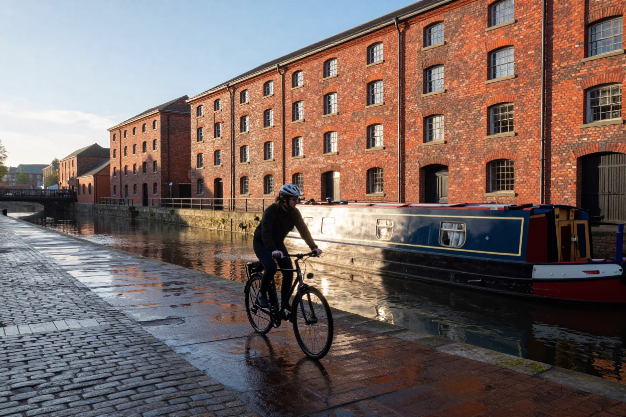 Morning light on Bristol canal with bicycle and brickwork in in Bristol, United Kingdom