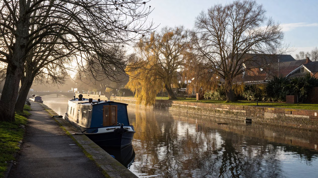 Morning Light on Bristol Harbour Canal with Moored Houseboat and Autumn Willows in in Bristol, United Kingdom