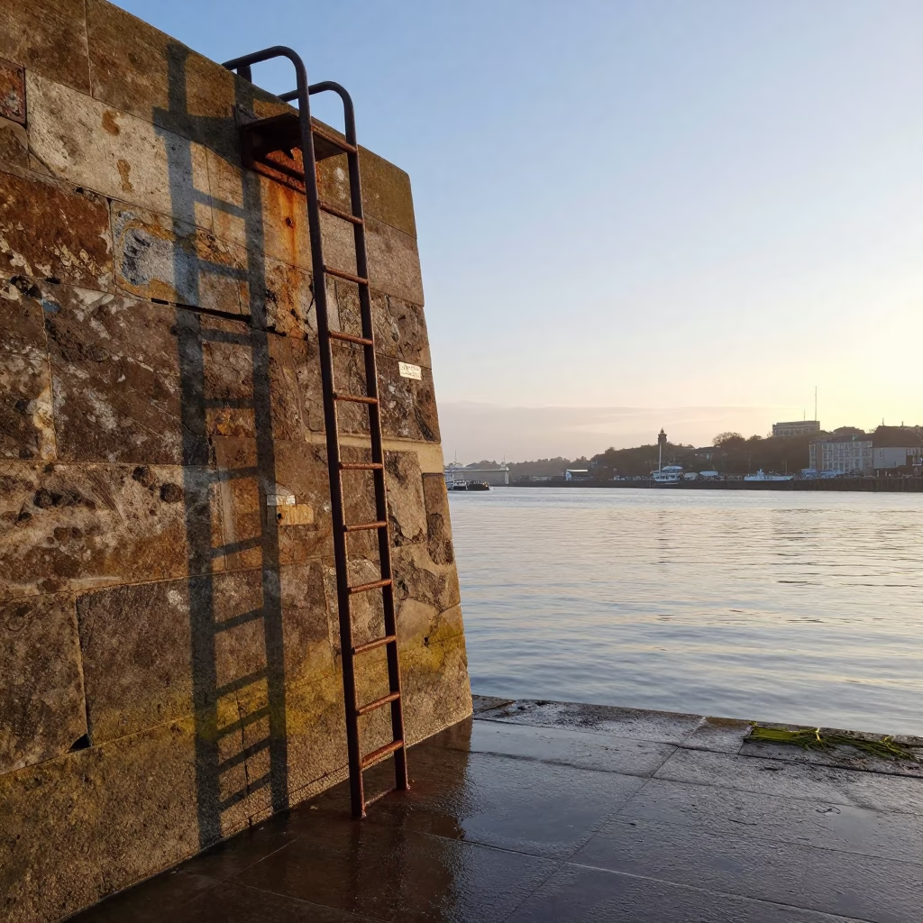 Morning light on Bristol Harbour pier ladder and wet stone quayside in in Bristol, United Kingdom