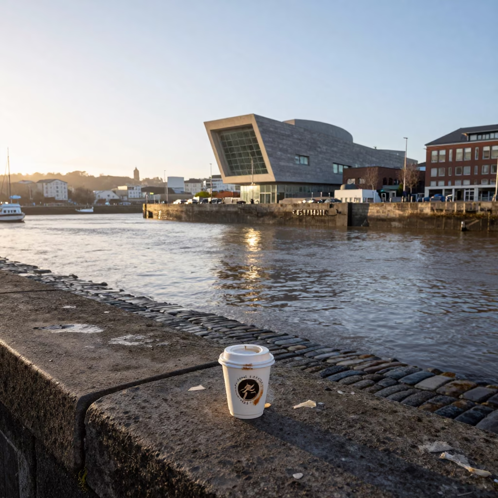 Morning light on Bristol harbour quayside with coffee cup and leaf shadows in in Bristol, United Kingdom