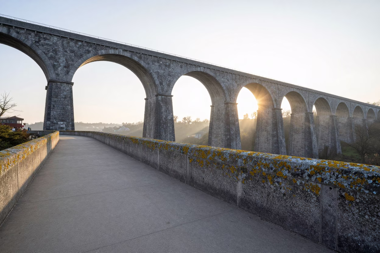 Morning Light on Brussels Aqueduct Path with Lichen-Bright Parapets and Maintenance Access in in Brussels, Belgium
