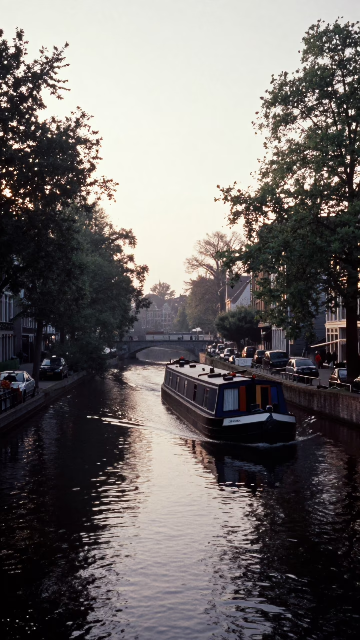 Morning light on Brussels canal with barge and tree-lined banks in in Brussels, Belgium