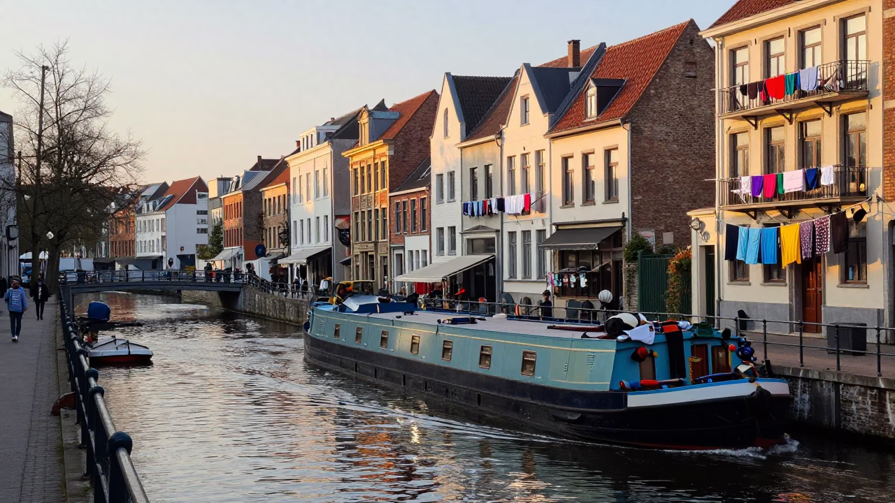 Morning Light on Brussels Canal with Cargo Barge and Drying Laundry in in Brussels, Belgium