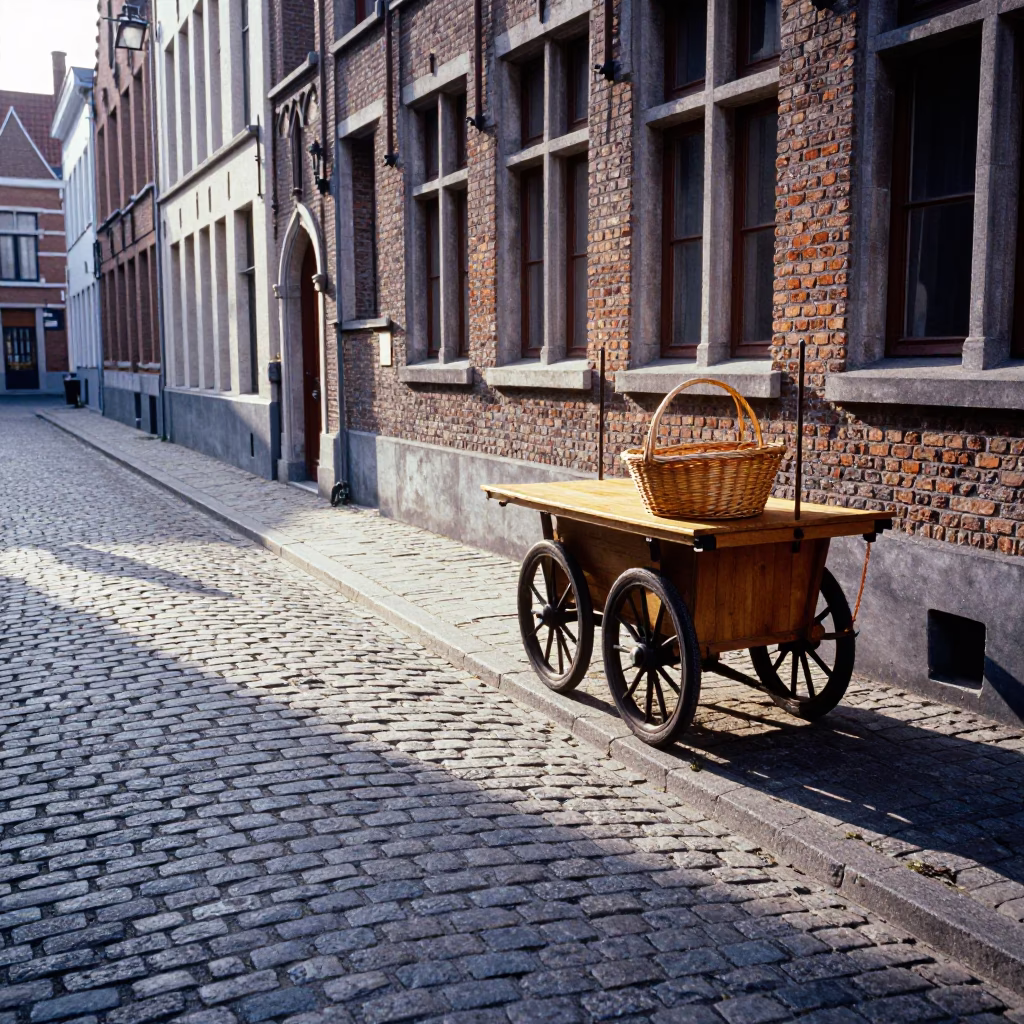Morning Light on Brussels Cobblestone Street with Basket and Houseplants in in Brussels, Belgium