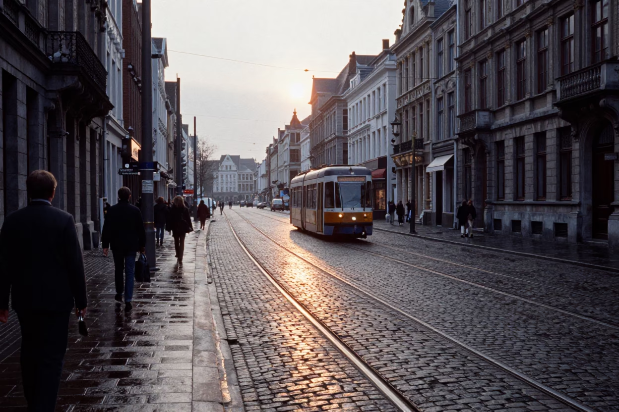 Morning Light on Brussels Cobblestone Street with Pedestrians and Tram Tracks in in Brussels, Belgium