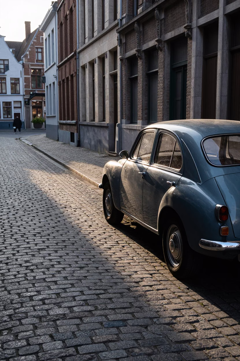 Morning Light on Brussels Cobblestone Street with Vintage Car and Doormat in in Brussels, Belgium