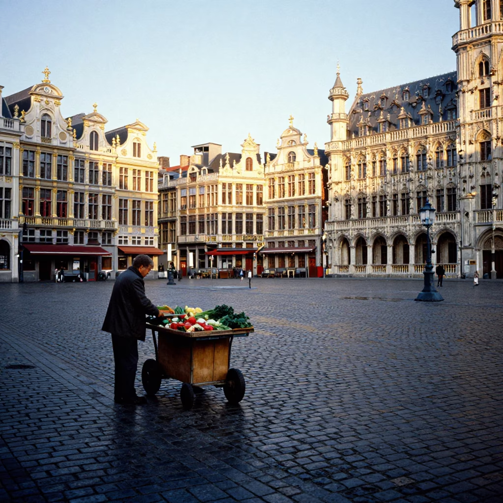 Morning light on Brussels cobblestones near historic Grand Place with local market stalls in in Brussels, Belgium