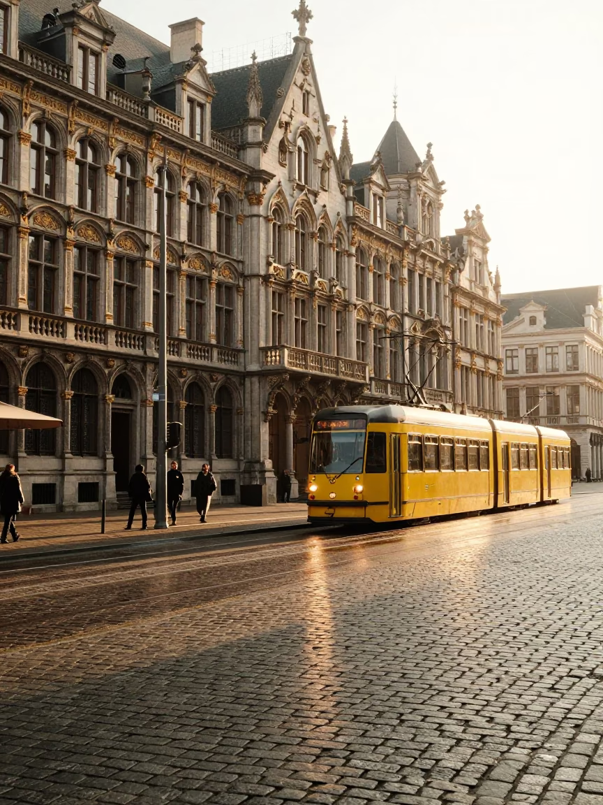 Morning Light on Brussels Cobblestones with Tram and Pedestrians After Sunrise in in Brussels, Belgium