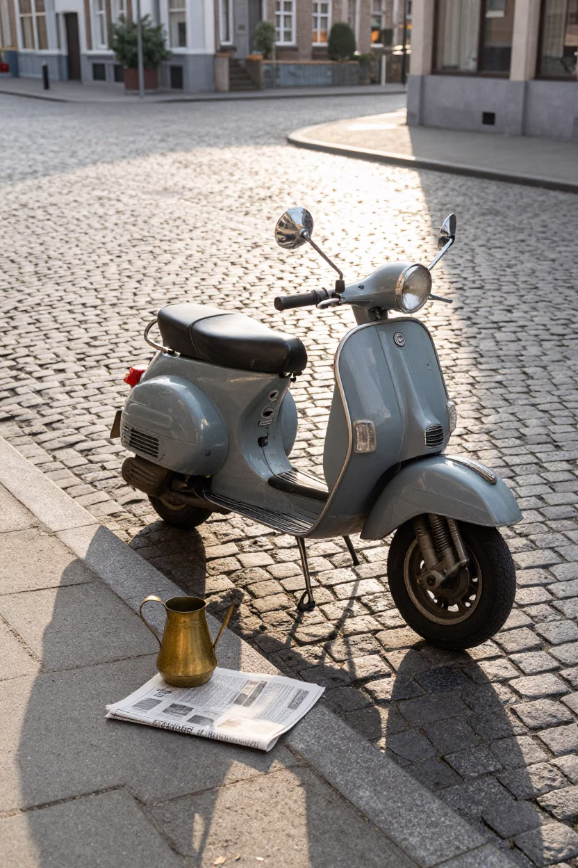 Morning Light on Brussels Cobblestones with Vintage Scooter and Café Details in in Brussels, Belgium