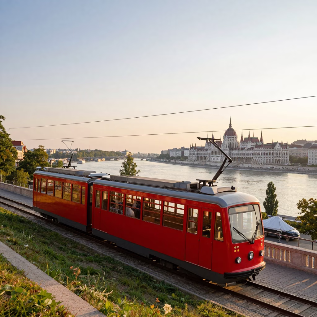 Morning Light on Buda Castle Funicular and Danube River in Budapest Hungary in in Budapest, Hungary