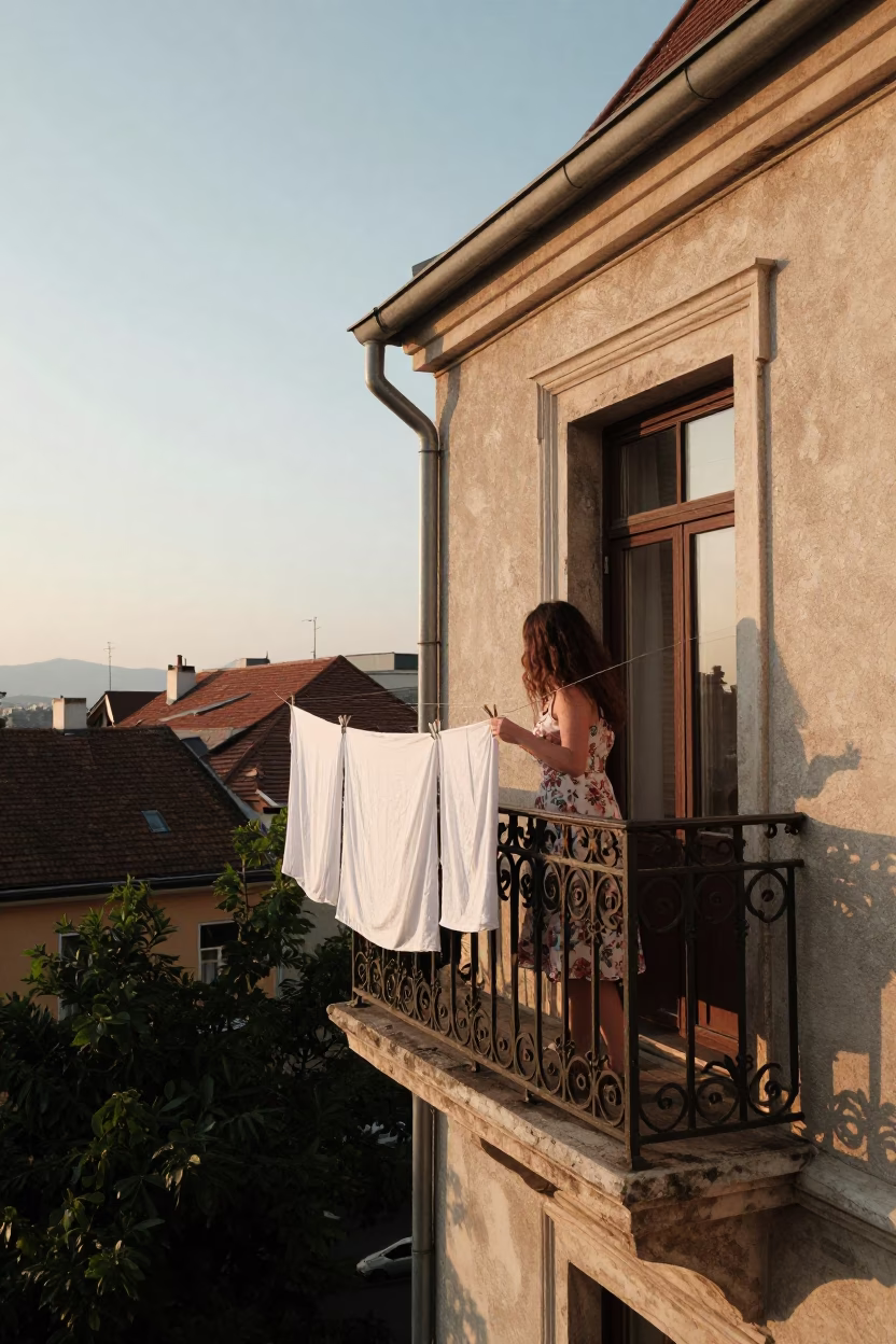 Morning light on Budapest balcony with laundry and vintage details in in Budapest, Hungary