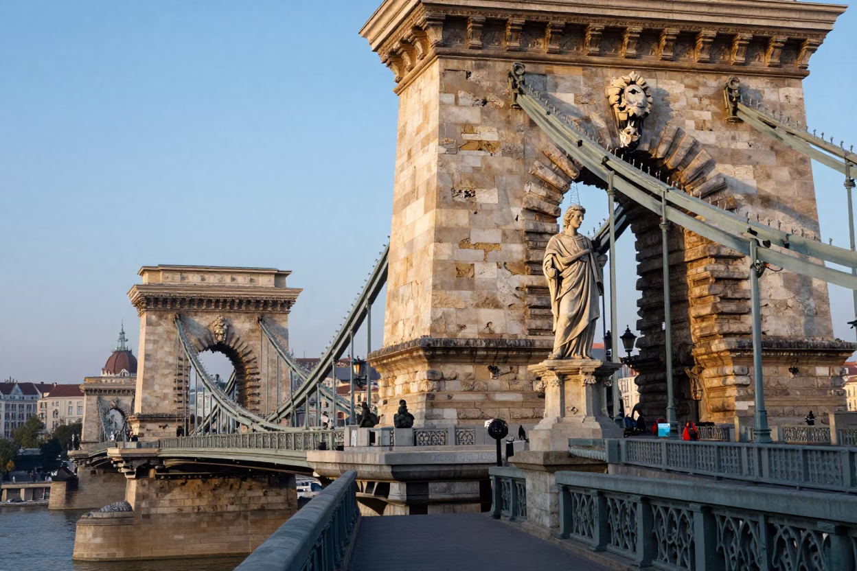 Morning Light on Budapest Chain Bridge Stone Piers and Danube River Bank in in Budapest, Hungary