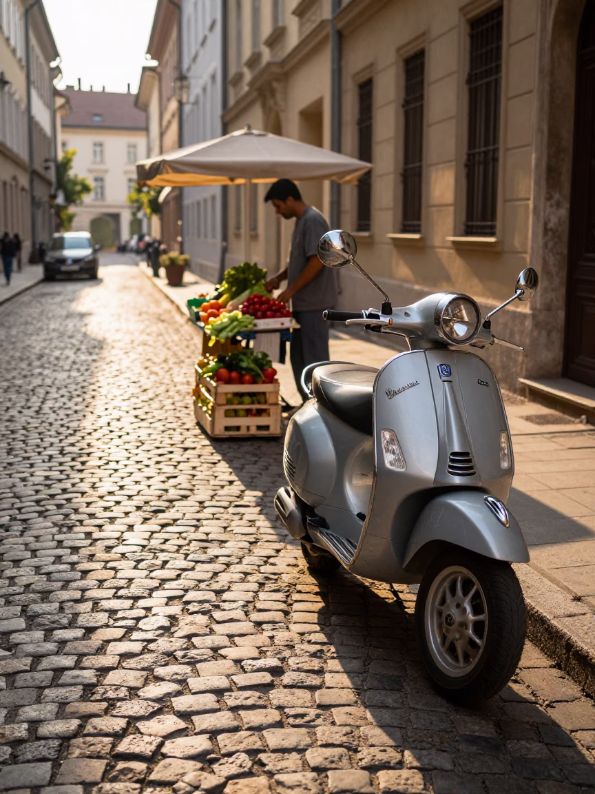 Morning Light on Budapest Cobblestone Lane with Vintage Vespa and Local Market Stalls in in Budapest, Hungary