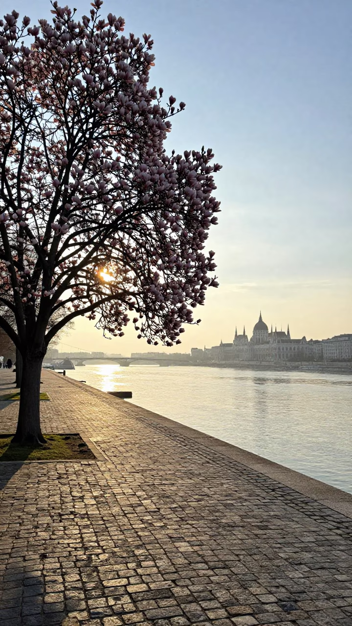 Morning Light on Budapest Danube Promenade with Magnolia Tree and Urban Street Life in in Budapest, Hungary