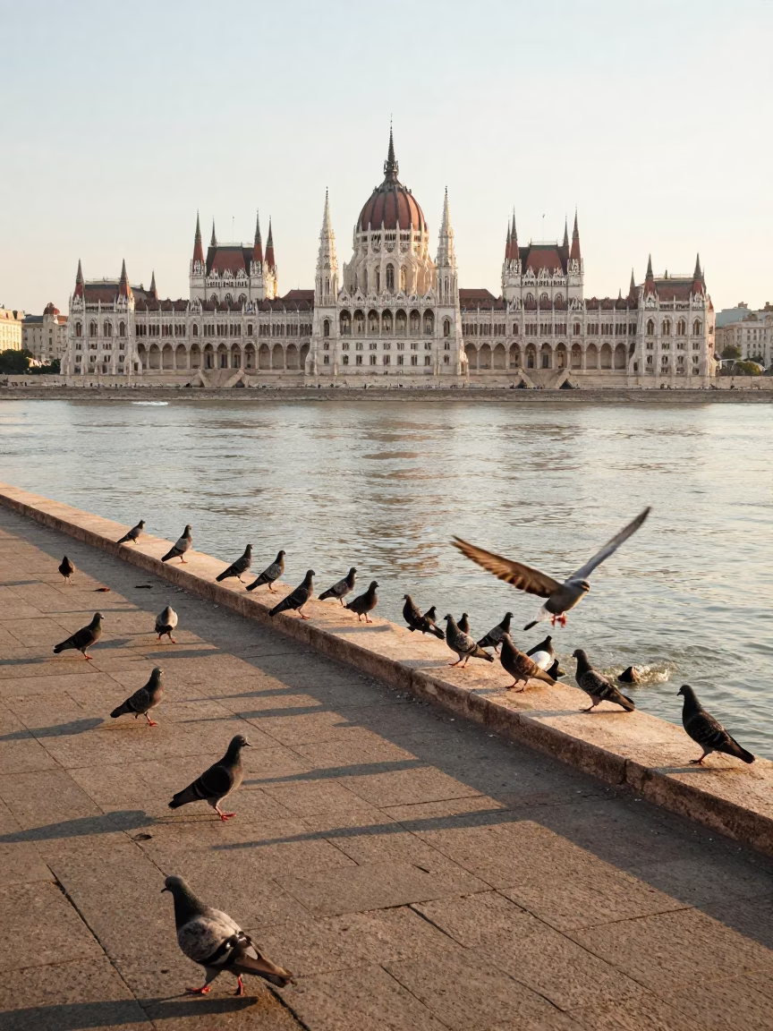Morning light on Budapest Danube promenade with pigeons and urban street life in in Budapest, Hungary