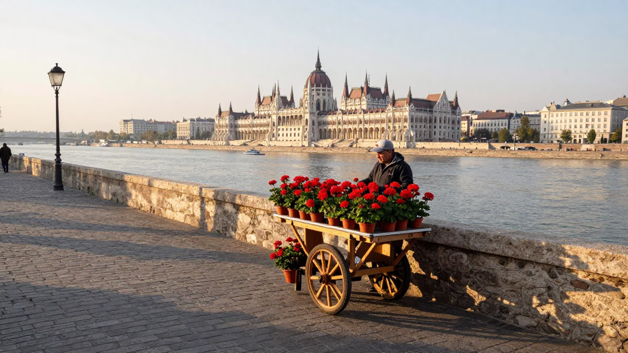 Morning Light on Budapest Danube Promenade with Potted Geraniums and Historic Architecture in in Budapest, Hungary