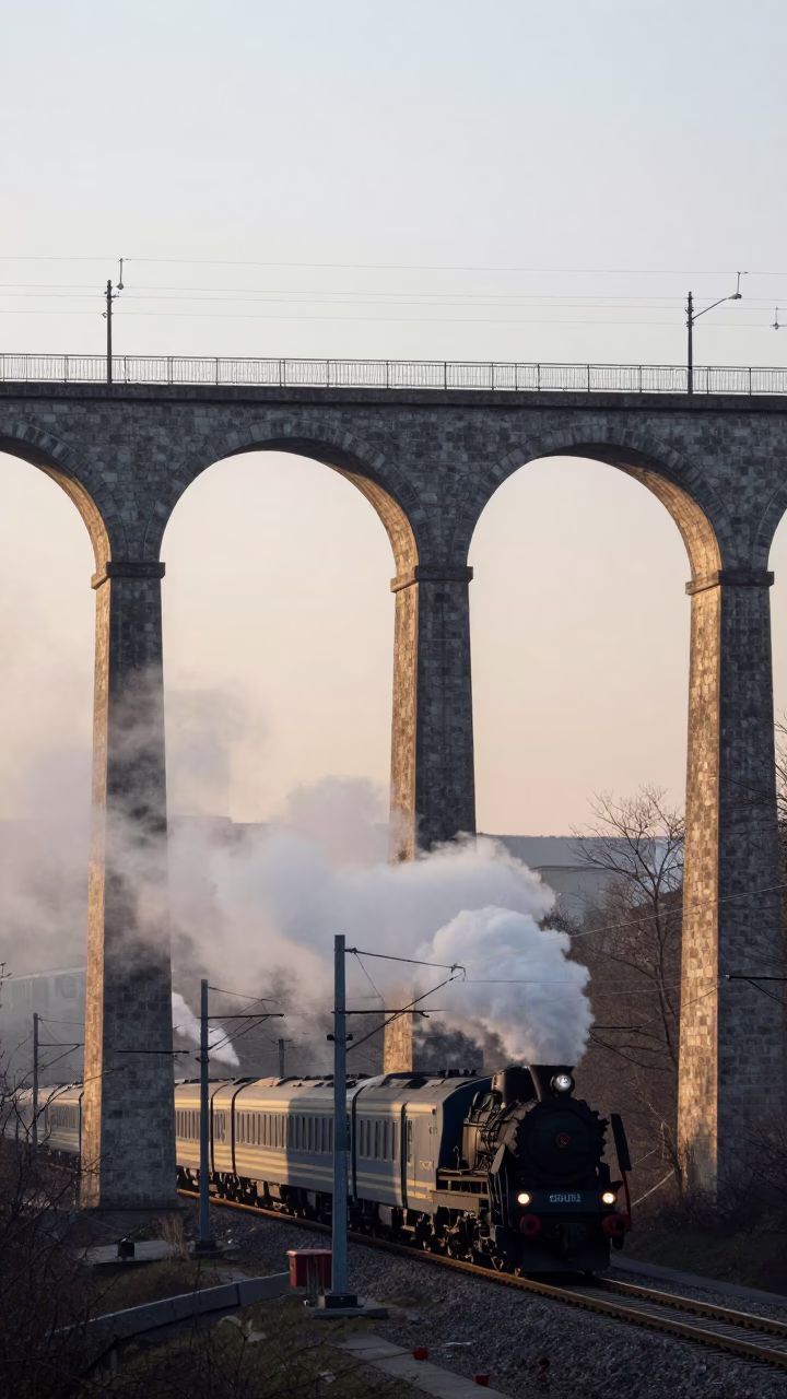 Morning light on Budapest railway viaduct with steam train crossing arches in Hungary in in Budapest, Hungary