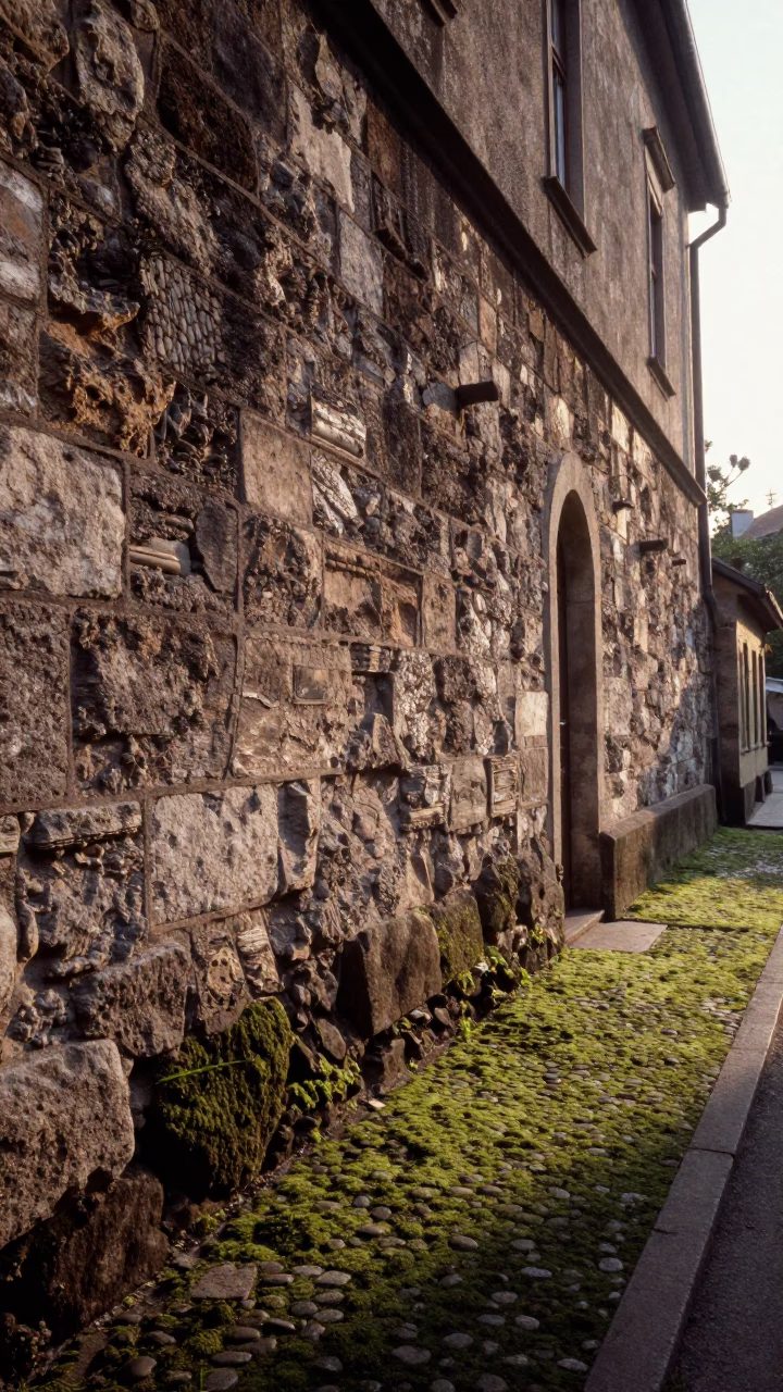 Morning Light on Budapest Stone Walls and Mossy Alleyway After Sunrise in in Budapest, Hungary
