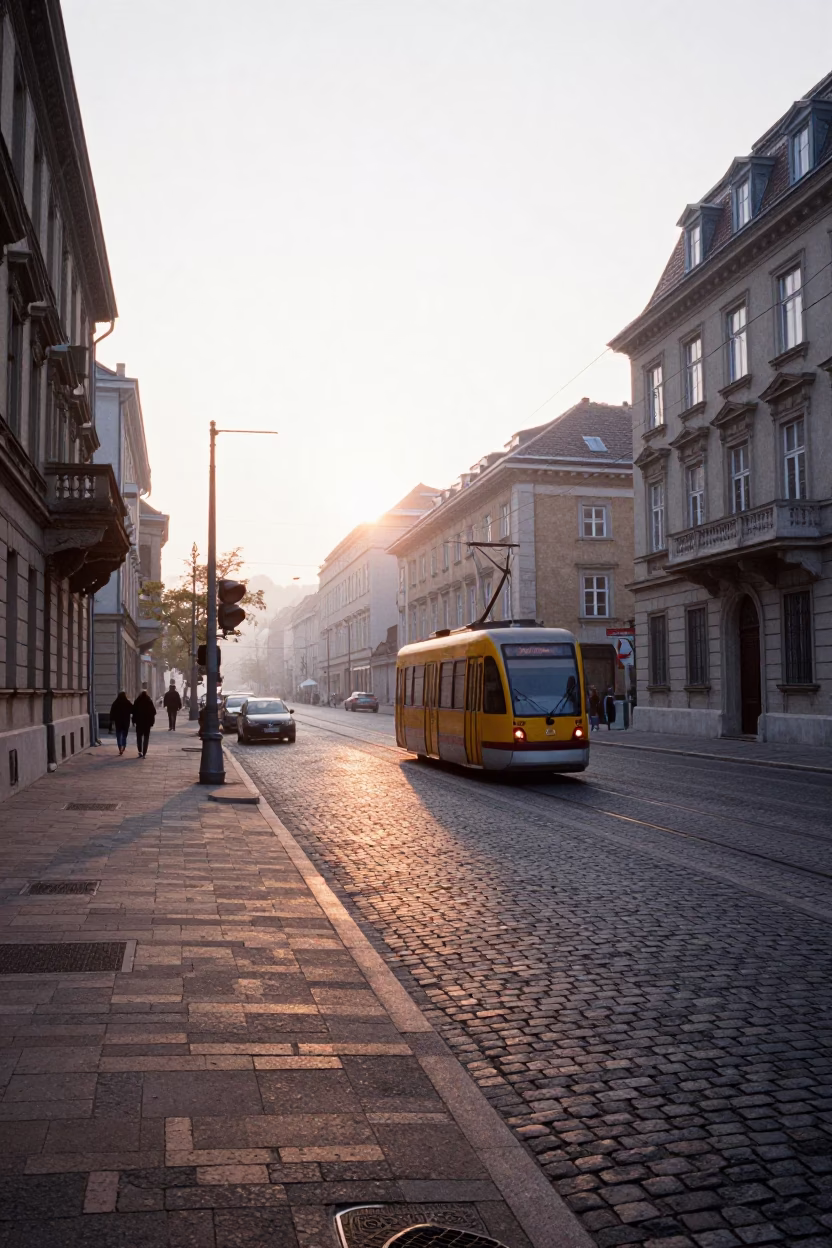Morning Light on Budapest Street Corner with Aerial Tramway Gondola in Fog in in Budapest, Hungary