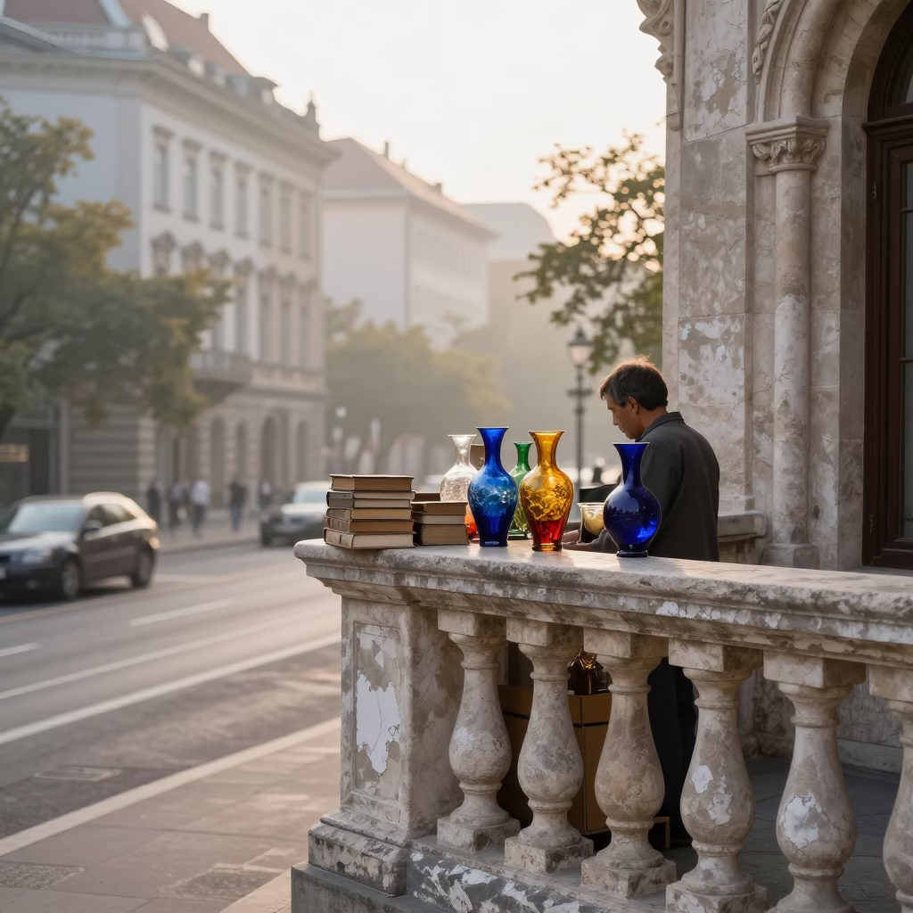 Morning Light on Budapest Street with Vintage Books and Glass Vases in in Budapest, Hungary