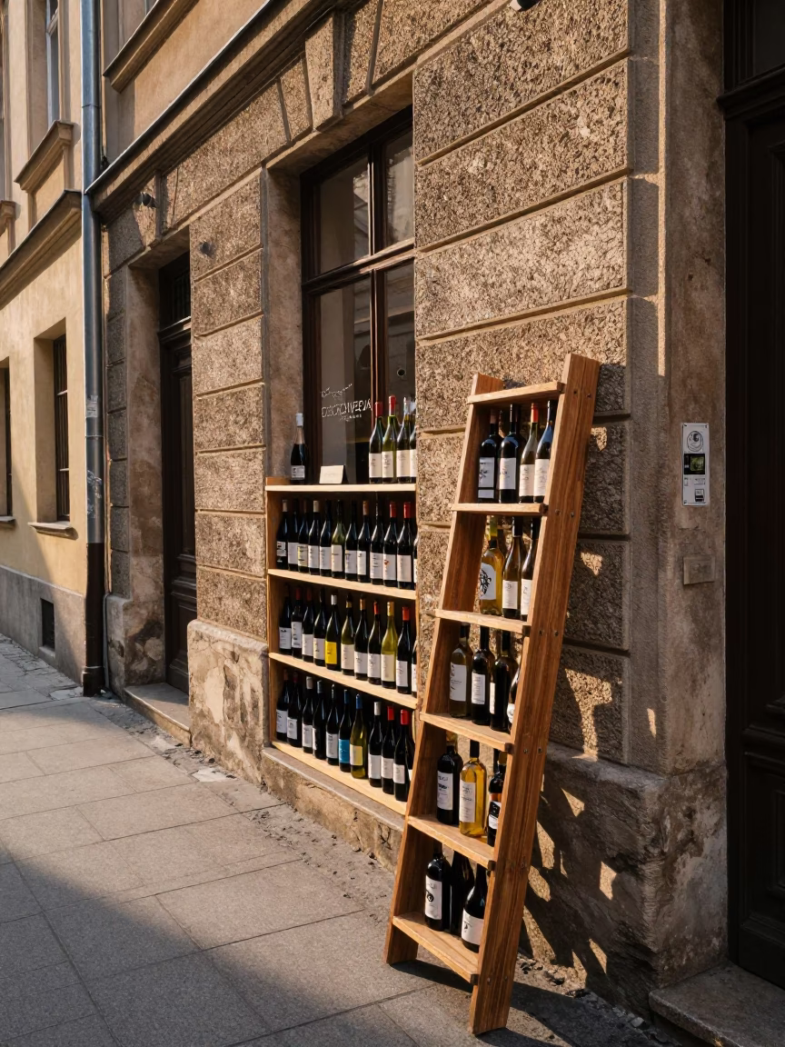 Morning Light on Budapest Street with Wine Shop Shelf Ladder and Handwritten Bottle Notes in in Budapest, Hungary