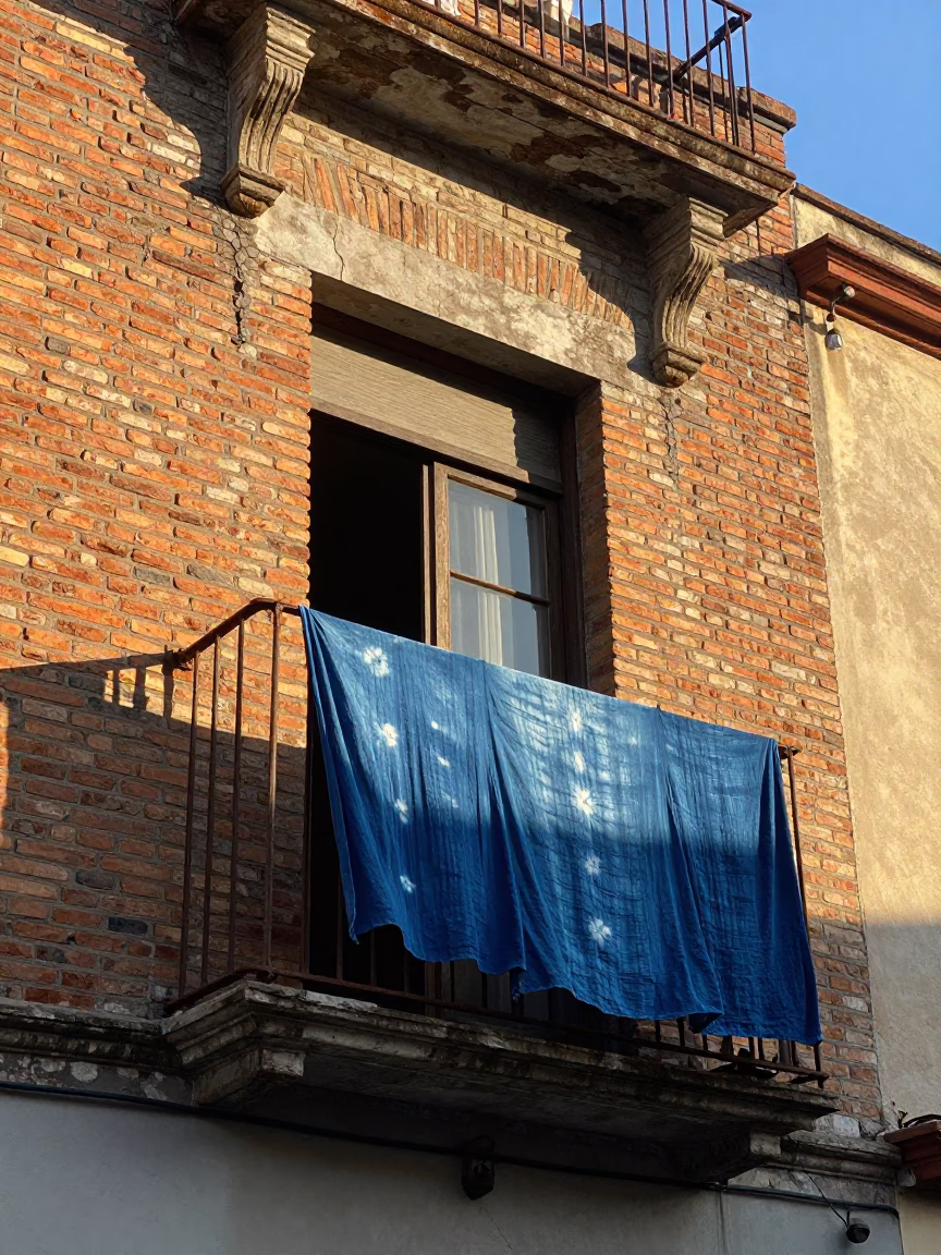 Morning Light on Buenos Aires Balcony with Drying Indigo Fabric and Lattice Details in in Buenos Aires, Argentina
