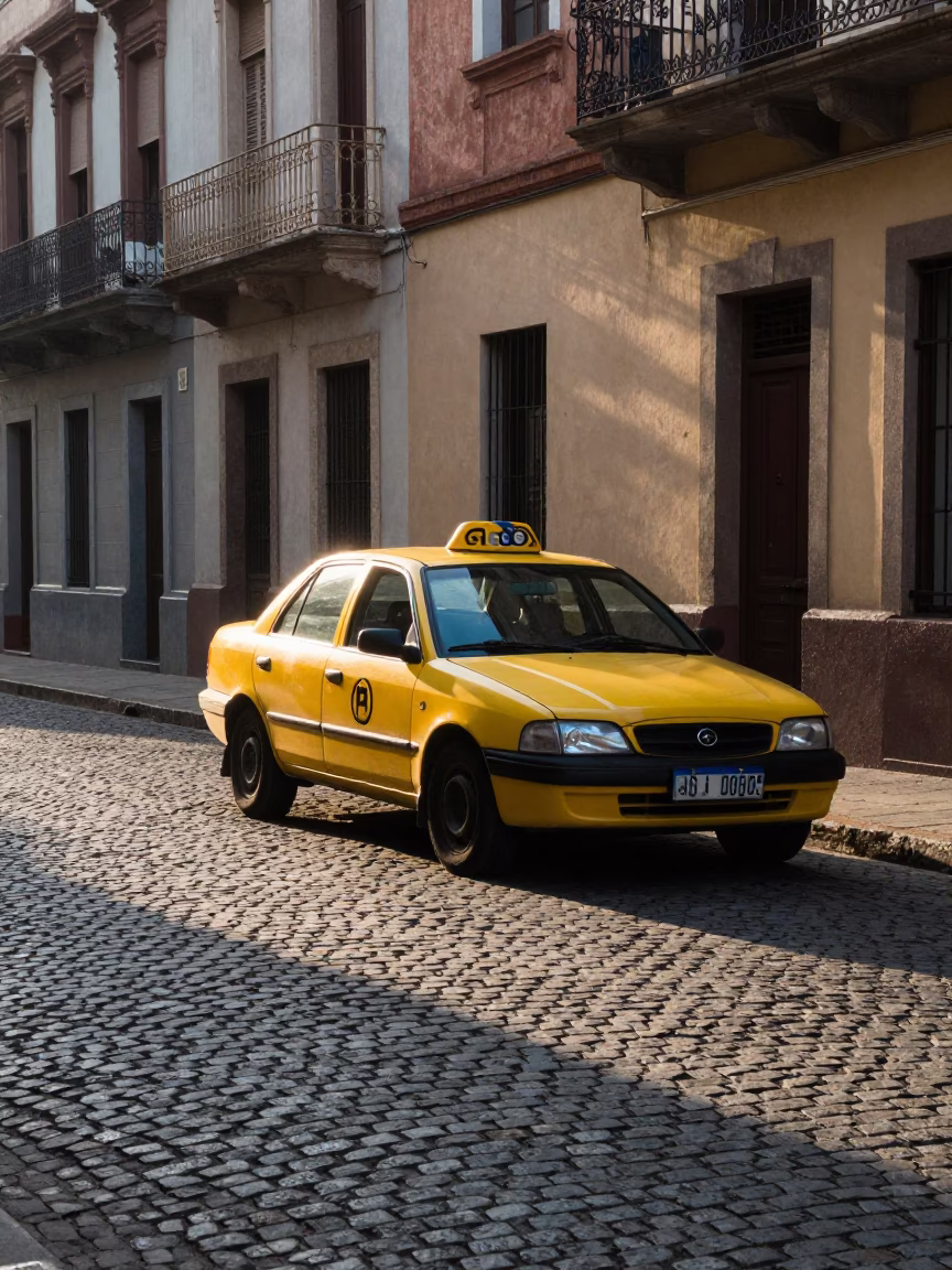 Morning light on Buenos Aires cobblestone street with yellow taxi and historic architecture in in Buenos Aires, Argentina