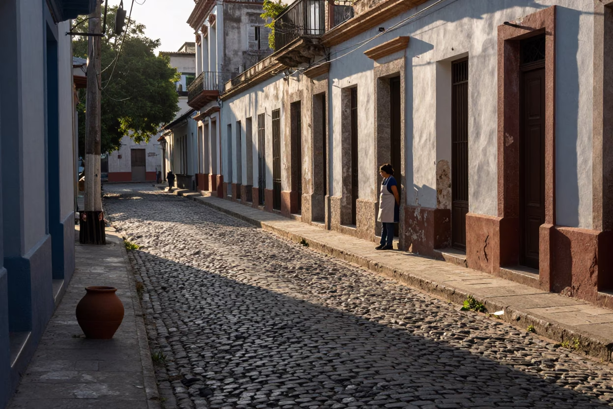 Morning Light on Buenos Aires Cobblestones with Clay Pot and Shoebox in Historic Alley in in Buenos Aires, Argentina