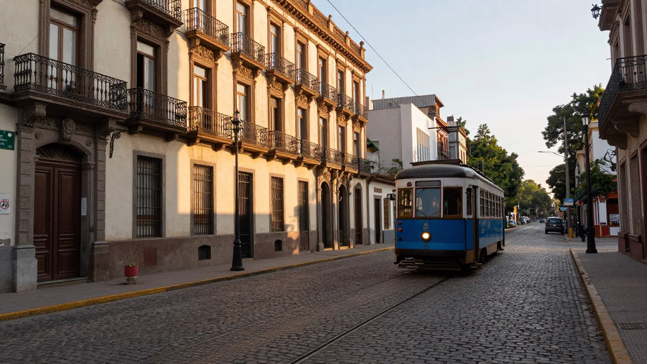 Morning Light on Buenos Aires Cobblestones with Heritage Tram and Bicycle Basket in in Buenos Aires, Argentina