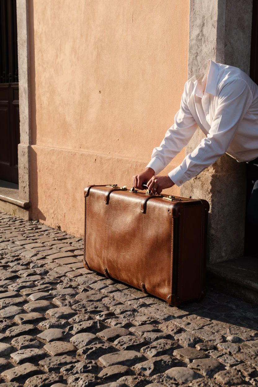 Morning Light on Buenos Aires Cobblestones with Vintage Luggage and Urban Life in in Buenos Aires, Argentina