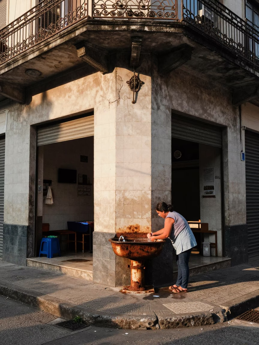 Morning light on Buenos Aires street corner with rusted basin and stopwatch in in Buenos Aires, Argentina