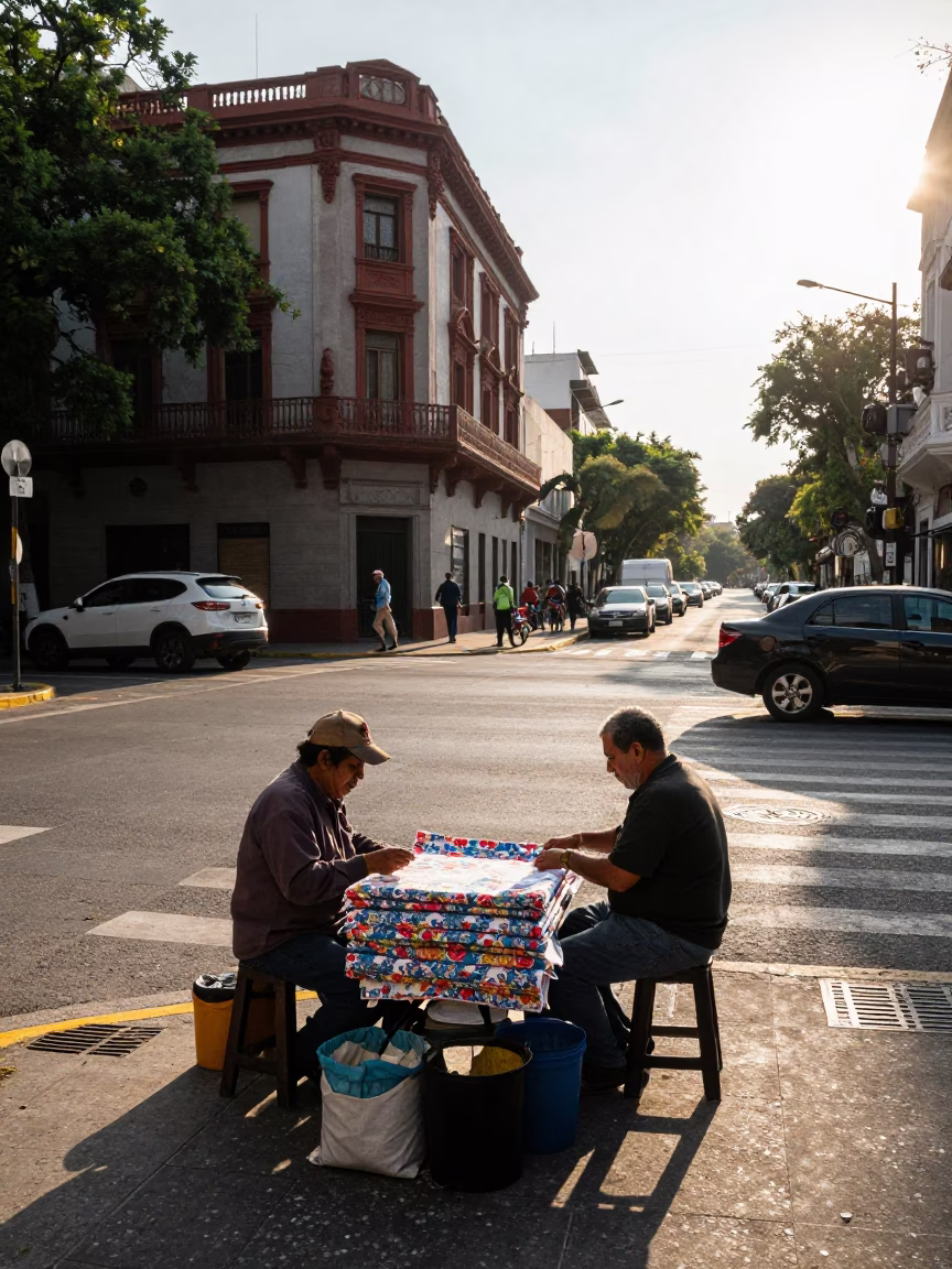Morning light on Buenos Aires street corner with vendor and floral cotton fabric in in Buenos Aires, Argentina