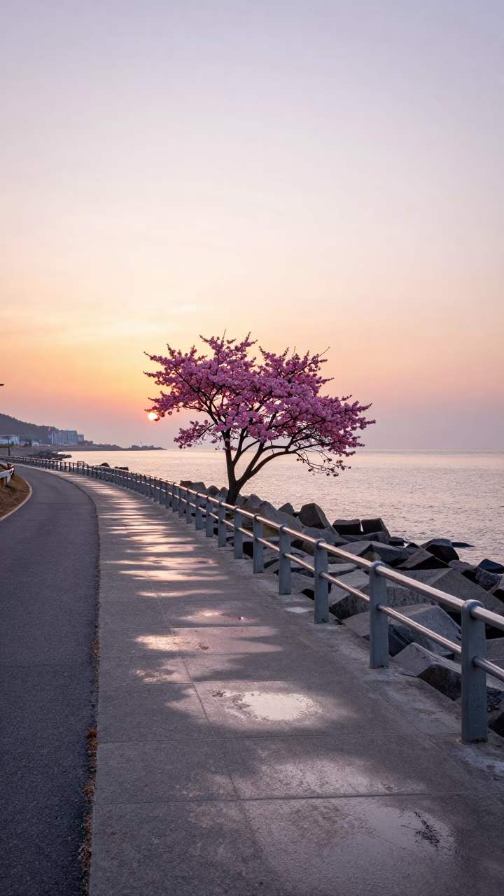 Morning Light on Busan Coastal Levee Path with Pink Dogwood and Urban Skyline in in Busan, South Korea